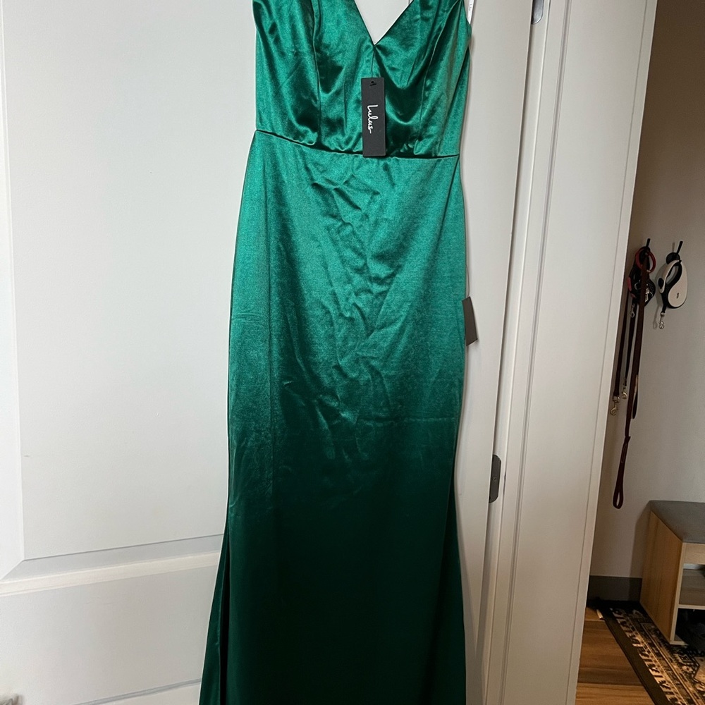 Lulu's Emerald Satin V-Neck Maxi Dress